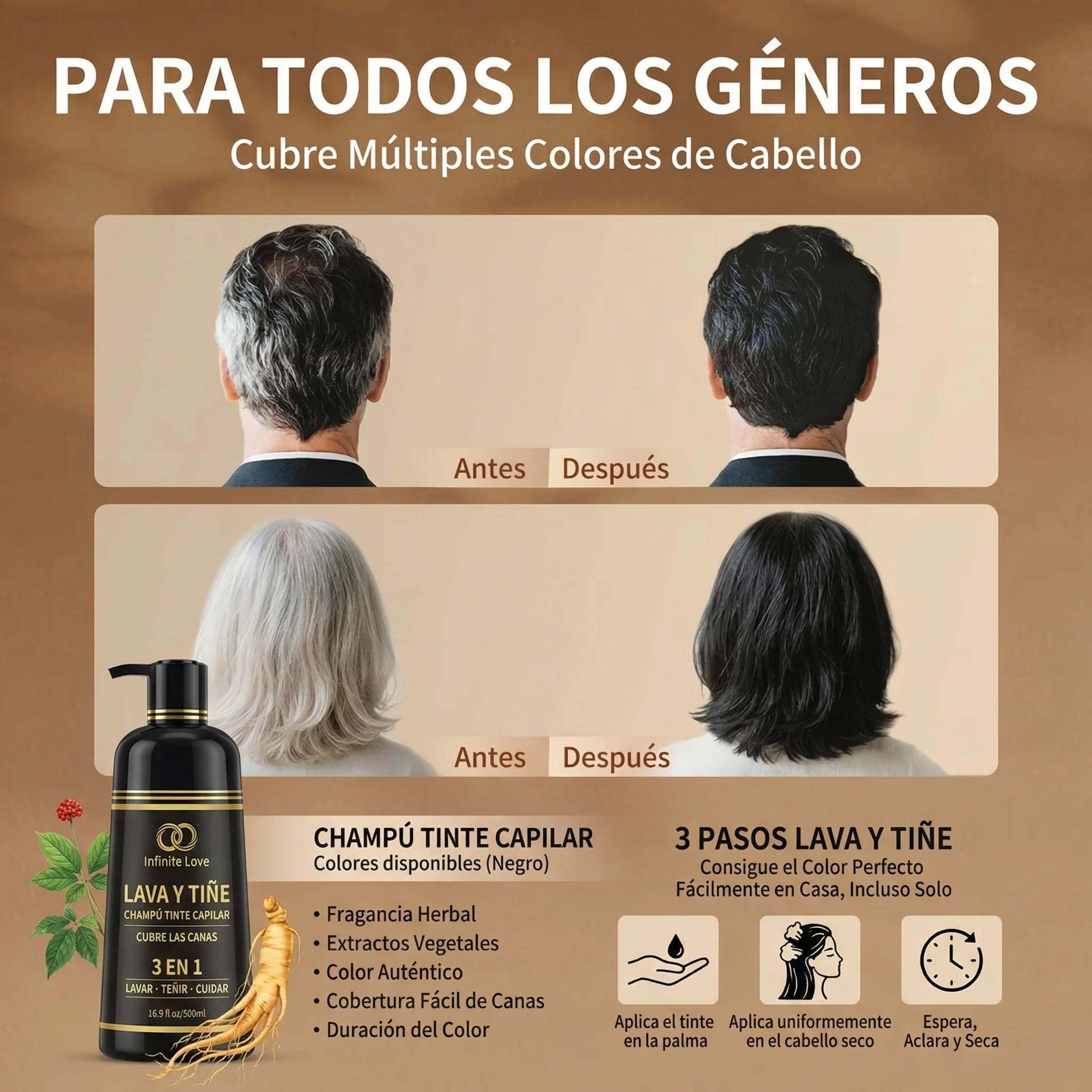 Champú Tinte 3 en 1 'AKOIIN' con Extractos Botánicos para Cubrir 100% las Canas - Image 2